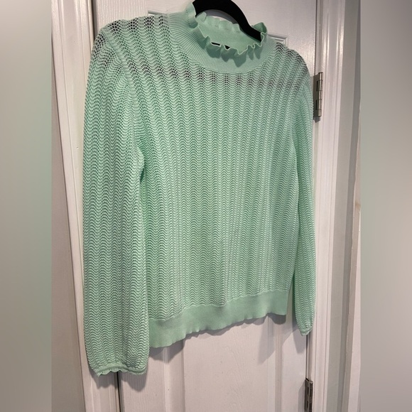 J. Crew Size S Pointelle Ruffle Mock Neck Cotton Lightweight Long Sleeve Sweater - Picture 3 of 10